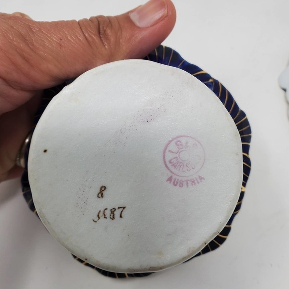 37. Antique Victoria LS&S Carlsbad Austria Flow Blue Bowl Ramekin and Saucer Set - Picture 9 of 12